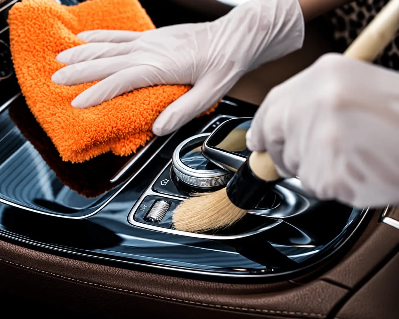 Gloved hands wiping a glossy centre console with a microfibre cloth and brushing around the gear selector