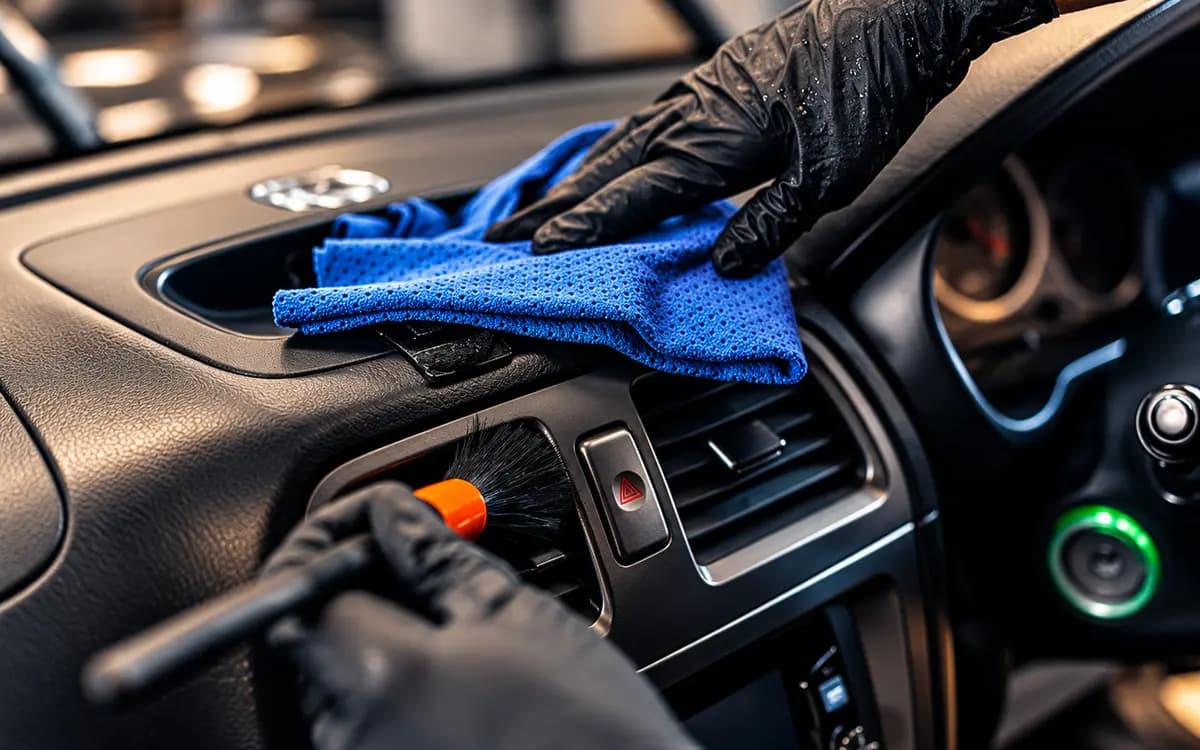 Gloved hands wiping a car dashboard with a microfibre cloth and brushing out an air vent